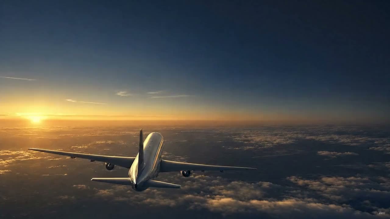 Avião sobrevoando um mar de nuvens douradas ao pôr do sol, rumo ao Paraguai