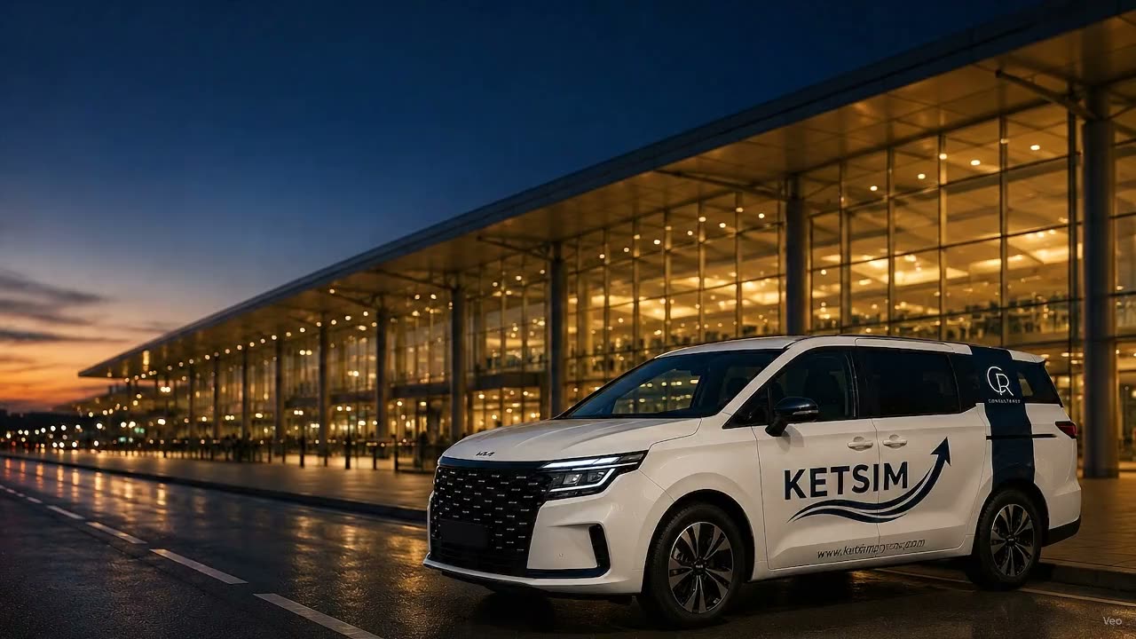 SUV branco da Ketsim aguardando na entrada do aeroporto de Assunção ao anoitecer