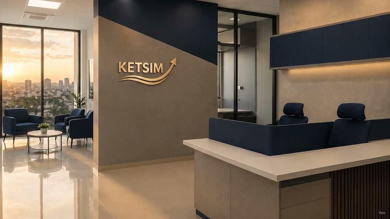 Recepção da Ketsim, com logo dourado na parede azul-marinho e móveis azuis